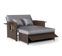 CostwayLit de Jardin en Rotin PE pour Patio Canapé Deux Places&Ottoman de Rangement avec Dossier Réglable sur 4 Positions&Tables Latérales Pliantes