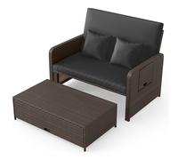 CostwayLit de Jardin en Rotin PE pour Patio Canapé Deux Places & Ottoman de Rangement avec Dossier Réglable sur 4 Positions Noir
