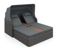 CostwayLit de Jour Double en Rotin Fauteuil Longue 2 Places avec Pare-Soleil Rétractable et Dossiers Réglables Table Centrale Gris
