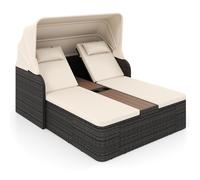 CostwayLit de Jour Double en Rotin Fauteuil Longue Extérieur 2 Places avec Pare-Soleil Rétractable et Dossiers Réglables Table Centrale Beige