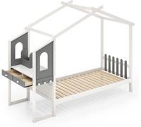 CostwayLit Maison Simple avec Bureau Lit Plateforme en Bois avec Tête de Lit en Forme de Clôture et toit Capacité de charge 150 kg 200x90cm Blanc & Gris