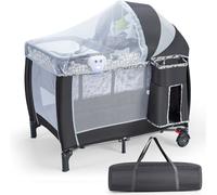 CostwayLit Parapluie Bébé Pliant 4 en 1 avec Matelas Filet Amovible Réglable Table à Langer Sac de Transport Roues Verrouillables