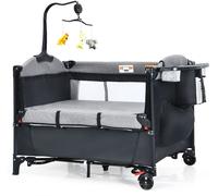 CostwayLit Parapluie Bébé Pliant 5 en 1 avec Matelas Table à Langer Boîte à Musique 3 Jouets 4 Hauteurs d'Accoudoir Réglables Noir