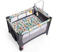 CostwayLit Parapluie Bébé Pliant 5 en 1 avec Matelas Table à Langer Boîte à Musique 3 Jouets 4 Hauteurs d'Accoudoir Réglables Gris