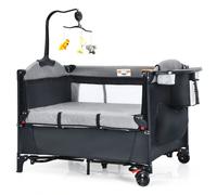 CostwayLit Parapluie Bébé Pliant 5 en 1 avec Matelas Table à Langer Boîte à Musique 3 Jouets 4 Hauteurs d'Accoudoir Réglables Noir