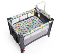 CostwayLit Parapluie Bébé Pliant 5 en 1 avec Matelas Table à Langer Boîte à Musique 3 Jouets 4 Hauteurs d'Accoudoir Réglables Gris