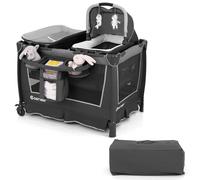 CostwayLit Parapluie Pliable 5-en-1 Parc Bébé avec Berceau Amovible Table à Langer Matelas Rangement Sac de Transport et Roues Verrouillables Gris