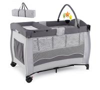 CostwayLit Parapluie Pliable Portable 4 en 1 Lit de Voyage avec Table à Langer 3 Jouets Suspendus 2 Roulettes Verrouillables pour 0-2 Ans Gris