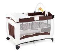 CostwayLit Parapluie Pliable Portable 4 en 1 Lit de Voyage avec Table à Langer 3 Jouets Suspendus 2 Roulettes Verrouillables pour 0-2 Ans Marron