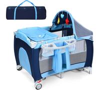 CostwayLit parapluie pour bébé 0-36 mois Lit bébé pliant à roulettes avec accessoires sac de transport 120 x 60 x 76 cm Bleu