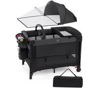 CostwayLit Parapluie pour Bébé avec 4 Hauteurs Réglables Table à Langer Matelas Filet de Protection Rangement Inférieur Barre à Jouets Noir