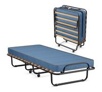 CostwayLit Pliant sur Roulettes 190 x 80 x 33 CM Lit d'Appoint avec Matelas en Mousse 6,5 CM pour Maison et Bureau Noir+Bleu