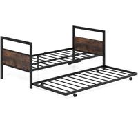 CostwayLit Simple 90 x 200 cm en Métal avec Lit Gigogne Cadre de Lit Plateforme Tête et Pied de Lit Pieds Pliants Lattes en Métal Marron Rustique