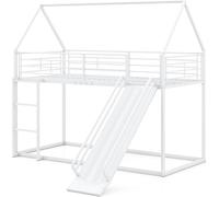 CostwayLit Superposé Maison avec Toboggan Cadre Bas avec Barrière de Sécurité et Échelle Lit Mezzanine Robuste 200 x 90 cm Blanc
