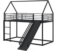 CostwayLit Superposé Maison avec Toboggan Cadre Bas avec Barrière de Sécurité et Échelle Lit Mezzanine Robuste 200 x 90 cm Noir
