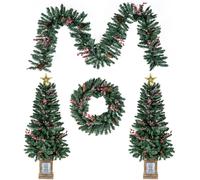 CostwayLot de 2 Arbres d'Entrée avec Guirlande et Couronne Ensemble de 4 Sapins de Noël en Pot avec Pommes de Pin Baies Rouges Givrée Vert
