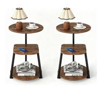 CostwayLot de 2 Table d?Appoint Ronde 3 Niveaux Table de Chevet avec Station de Charge Intégrée Structure Métal Plateaux Effet Bois Marron