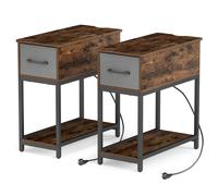 CostwayLot de 2 Table d'Appoint avec Station de Charge et Éclairage LED Table de Chevet Industrielle avec Tiroir en Tissu et Étagère Ouverte Marron