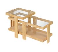 CostwayLot de 2 Tables Basses Gigognes Table Basse Rectangulaire 2 Niveaux en Rotin PE avec Plateau en Verre Trempé Cadre en Bois d'Hévéa Naturel