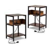 CostwayLot de 2 Tables d'Appoint avec Station de Recharge 3 Niveaux avec Étagères de Rangement Ouvertes Table de Chevet avec Ports USB&Prises Café