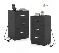 CostwayLot de 2 Tables d'Appoint avec Stations de Charge Tables de Chevet avec 3 Tiroirs de Rangement Ports USB 38 x 35 x 66 CM Noir