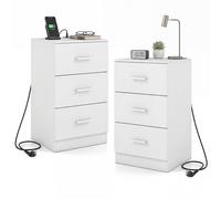 CostwayLot de 2 Tables d'Appoint avec Stations de Charge Tables de Chevet avec 3 Tiroirs de Rangement Ports USB 38 x 35 x 66 CM Blanc
