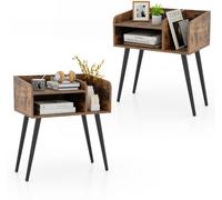 CostwayLot de 2 Tables de Chevet à 2 Niveaux avec Etagères Ouvertes Table d'Appoint avec Pieds en Métal Marron Rustique