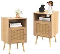CostwayLot de 2 Tables de Chevet avec à Porte Cannage et Pieds en Bois Massif Table de Nuit Bohême Fermeture Silencieuse 40x39x70cm Naturelle