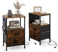 CostwayLot de 2 Tables de Chevet avec Station de Charge Tables d'Appoint Industrielle avec 2 Tiroirs 6 Poches Latérales Ports Usb et Prises Café