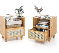 CostwayLot de 2 Tables de Chevet en Rotin de Bambou Tables de Chevet Bohème Tiroir et Pieds en Bois Massif Table D'appoint Espace de Rangement Caché Naturel