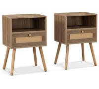 CostwayLot de 2 Tables de Chevet en Rotin Petite Table d'Appoint avec Tiroir 2 Tables de Nuit en Bois Table d'Appoint Compacte Multifonctionnelle Naturel