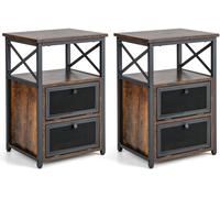 CostwayLot de 2 Tables de Chevet Industrielle à 2 Compartments et 2 Étagères Bout de Canapé Cadre Métal Table d'Appoint pour Chambre 60,5 x 40 x 35 cm