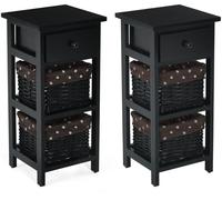 CostwayLot de 2 Tables de Chevet Table de Nuit avec 1 Tiroir et 2 Panier d'Osier Amovible Cadre en Bois de Paulownia Style Vintage Rustique Noir