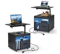 CostwayLot de 2 Tables de Chevet Table de Nuit LED avec Plateau Basculant Rotatif Barrière Antidérapante Tiroir & Étagère Station de Charge Noir