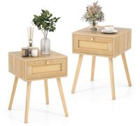 CostwayLot de 2 Tables en Rotin Table de Nuit Bois avec Tiroir et 4 Pieds en Pin Chevet de Lit Naturel 40 x 40 x 55 cm