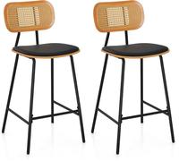 CostwayLot de 2 Tabourets de Bar en Métal Siège en Simili Cuir Hauteur d'Assise 65,5cm Dossier Design Cannage Tabouret Cuisine Industriel Noir