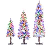 CostwayLot de 3 Arbres de Noël Pré-Éclairés de 90/120/150cm avec 115+207+275 Pointes de Branches Enneigées 50 & 100 & 150 Lumières LED Multicolores