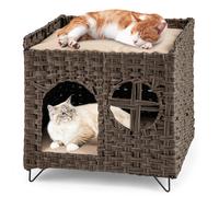 CostwayMaison de Chat en Rotin à 2 Niveaux Pliable Condo pour Chaton en Osier avec Perchoir Élev Repaire Caché Coussins Amovibles Doux Meuble Brun