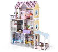 CostwayMaison de Poupée en Bois de 3 Étages avec 16 Accessoires de mobilier Maison de Jeu à Concept Ouvert avec Balcon et Jardin pour 3+ Ans Rose