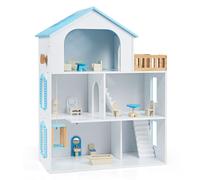CostwayMaison de Poupée en Bois Jeu d'Imitation pour Enfants avec 3 Étages Terrasse et Accessoires Jouet Éducatif Sécurisé dès 3 Ans Bleu