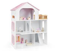 CostwayMaison de Poupée en Bois Jeu d'Imitation pour Enfants avec 3 Étages Terrasse et Accessoires Jouet Éducatif Sécurisé dès 3 Ans Rose