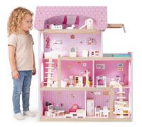 CostwayMaison de Poupée en Bois Maison de Jeux pour Enfants avec 33 Accessoires de Meubles Jeu de Maison Familiale Moderne pour 3 + Ans Rose