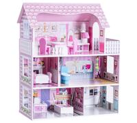 CostwayMaison de poupée pour enfants avec nombreux accessoires Maison à 3 étages avec 5 pièces, en MDF, 62x27x70cm, Rose