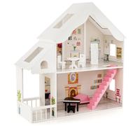 CostwayMaison de Poupée Semi-ouverte en Bois à Monter Soi-même Pièces et Meubles Simulés 2 Grandes Lucarnes pour Les 3 Ans et Plus 81*30*86cm Blanc