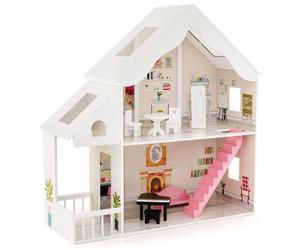 CostwayMaison de Poupée Semi-ouverte en Bois à Monter Soi-même Pièces et Meubles Simulés 2 Grandes Lucarnes pour Les 3 Ans et Plus 81*30*86cm Blanc