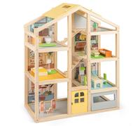 CostwayMaison de Poupées pour Enfants 4 Couches Maison de Jeu avec Chambres Meubles & Figurines avec 24 Accessoires pour Fille de 3 Ans+ Naturel