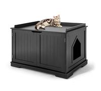COSTWAY Maison pour Chats Niche 2 Compartiments avec Chatière 1 Panneau Amovible et 2 Portes 75 x 54 x 52cm Noir