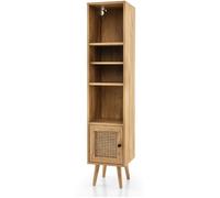 CostwayMeuble Colonne de Rangement avec Porte Rotin et Pieds en Bois Massif Meuble de Salle de Bain Étagère Réglable 29,5x29,5x137cm Marron