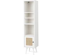 CostwayMeuble Colonne de Rangement avec Porte Rotin et Pieds en Bois Massif Meuble de Salle de Bain Étagère Réglable 29,5x29,5x137cm Blanc