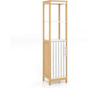 CostwayMeuble Colonne de Salle de Bain Armoire Haute de Rangement en Bambou avec Porte à Lattes Étagère Réglable 30 x 30 x 129 cm Naturel + Blanc